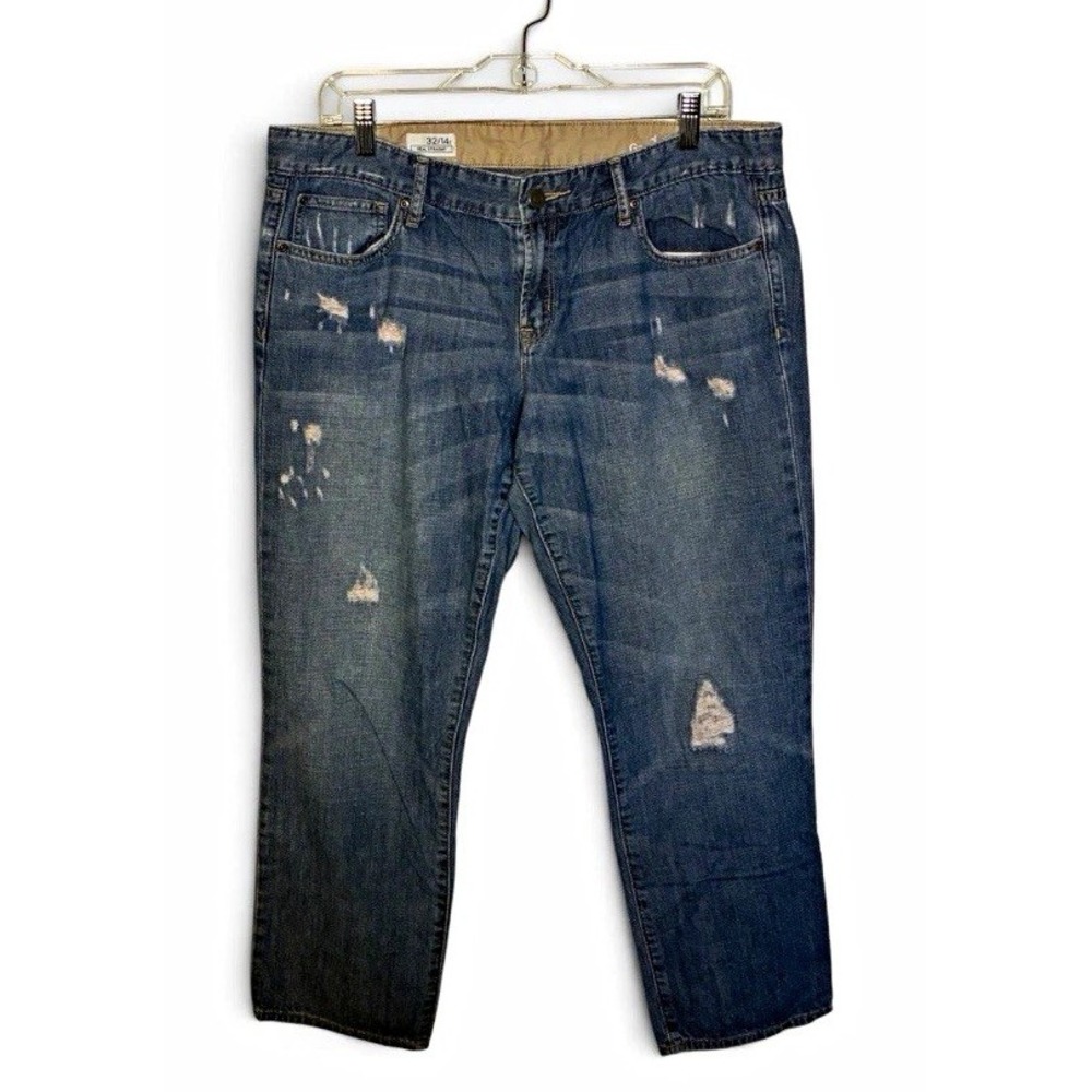 Gap 1969 Women Blue Distressed Real Straight Jeans Size 32 14r